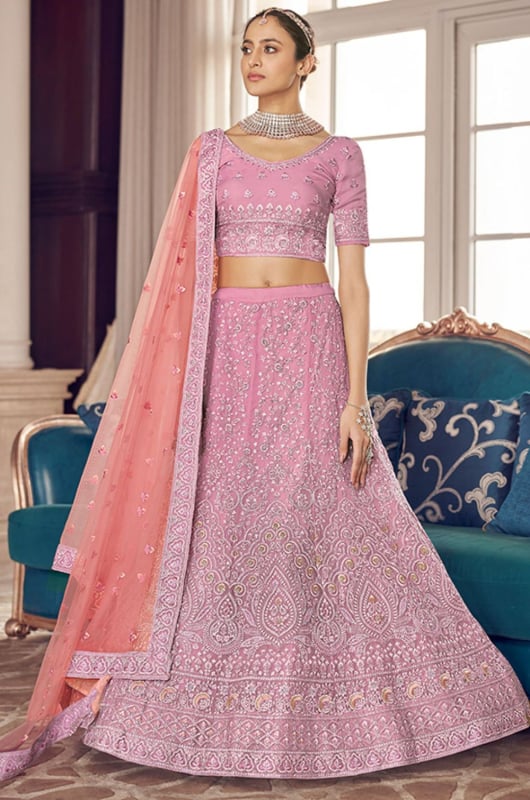 Pink Embroidered Organza Designer Lehenga Choli for Wedding