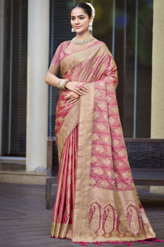 Pink Satin Silk Zari Woven Saree