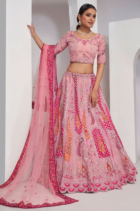 Pink Silk Embroidered Lehenga Choli Set for Wedding