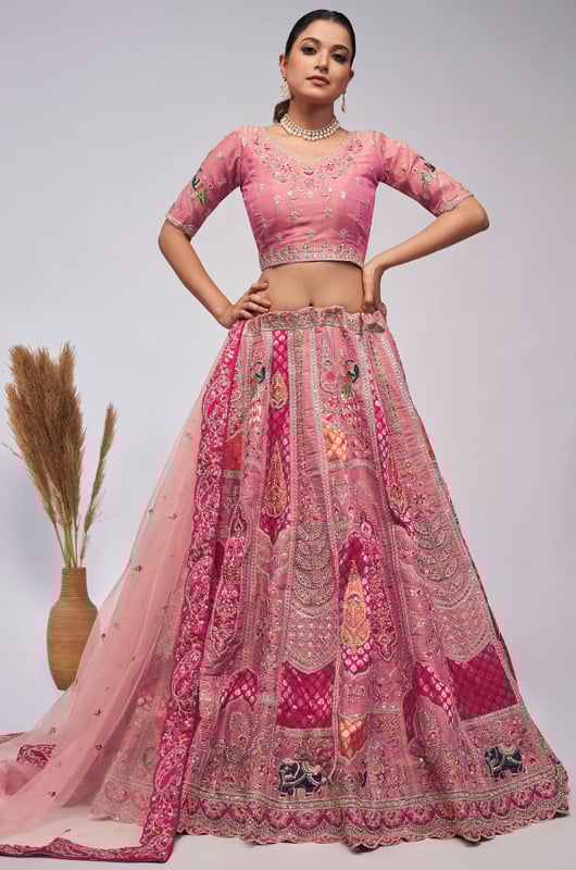 Pink Silk Embroidered Lehenga Choli Set for Wedding