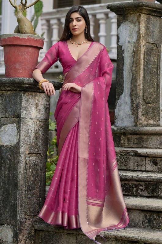 Pink Soft Tussar Silk Woven Saree