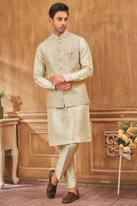 Pista Green Art Silk Kurta with Aligadhi Pant and Jacket
