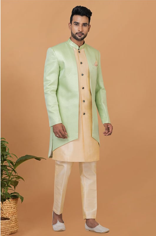 Pista Green Jacquard Banarasi Dupion Silk Indo Western Outfit
