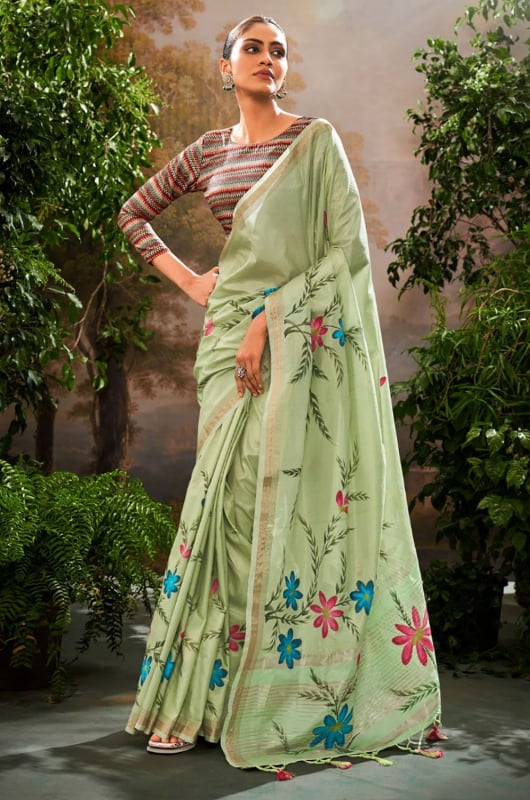 Pista Green Linen Tissue Kalamkari Printed Saree