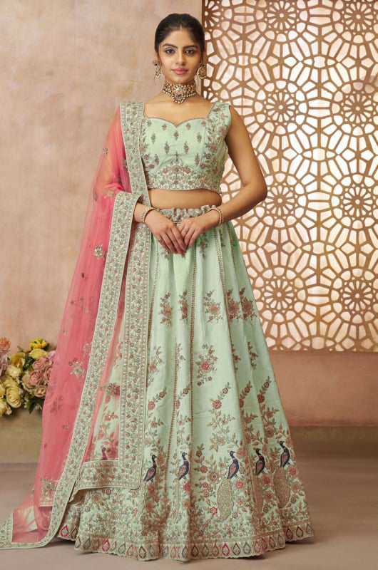 Pista Green Zari with Resham Embroidered Designer Lehenga Choli Set