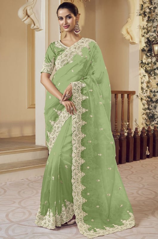 Pistachio Green Designer Embroidered Saree for Wedding