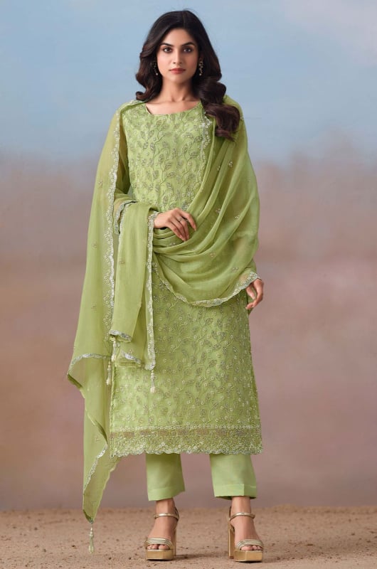 Pistachio Green Embroidered Chiffon Plus Size Suit
