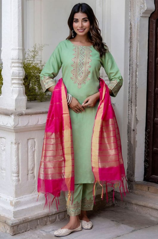 Pistachio Green Embroidered Cotton Blend Readymade Suit
