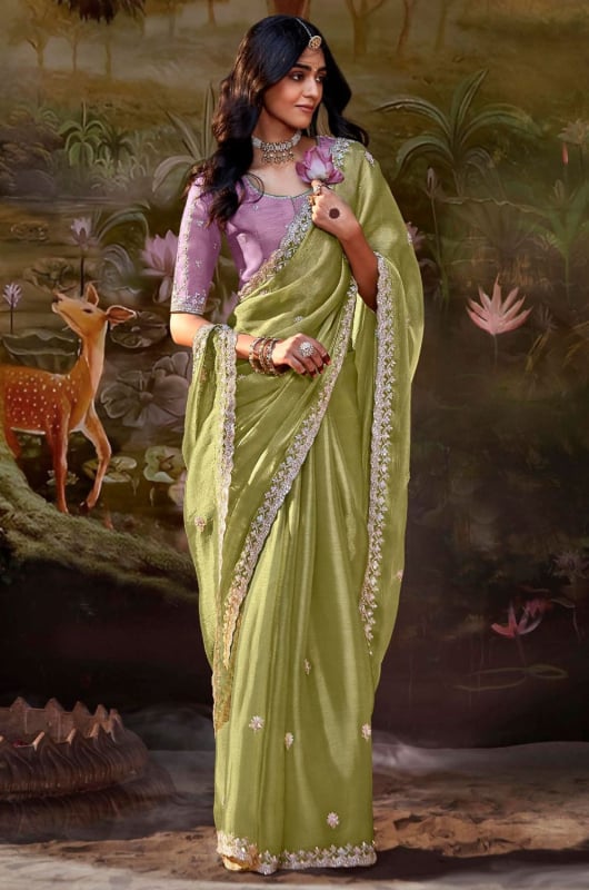 Pistachio Green Embroidered Designer Saree for Wedding