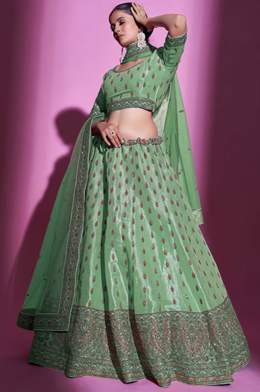Pistachio Green Embroidered Gota Silk Designer Lehenga Choli for Wedding