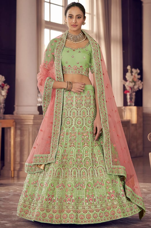 Pistachio Green Embroidered Organza Designer Lehenga Choli for Wedding