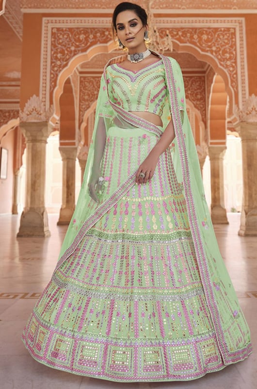 Pistachio Green Embroidered Organza Lehenga Choli for Wedding