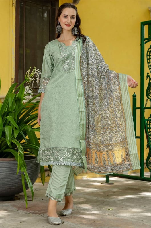 Pistachio Green Embroidered Silk Blend Readymade Suit