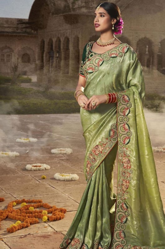 Pistachio Green Embroidered Silk Designer Saree