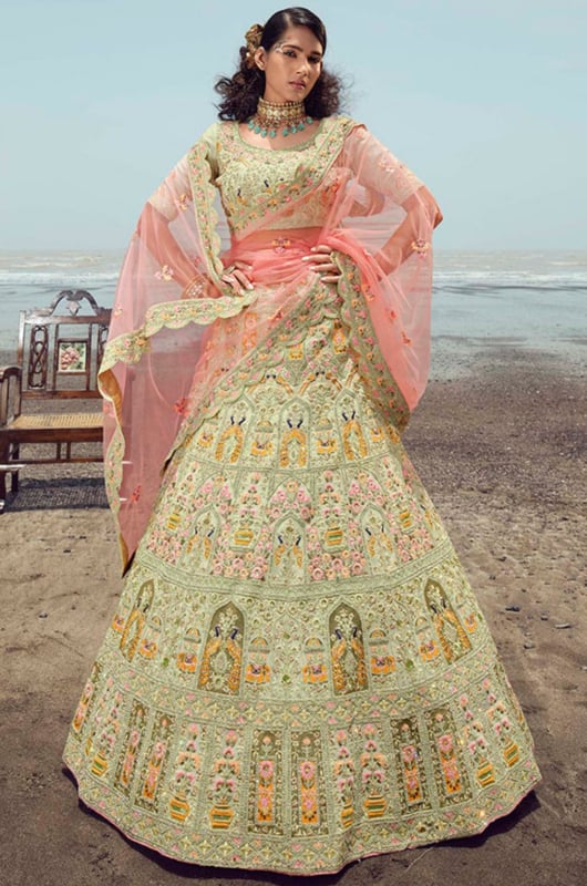 Pistachio Green Georgette Designer Lehenga Choli for Wedding