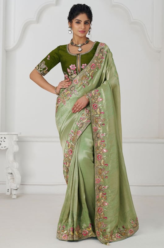 Pistachio Green Handwork Pure Viscose Silk Designer Saree