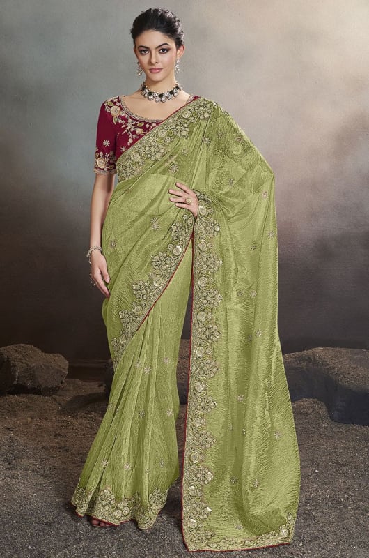 Pistachio Green Saree with Embroidered Blouse