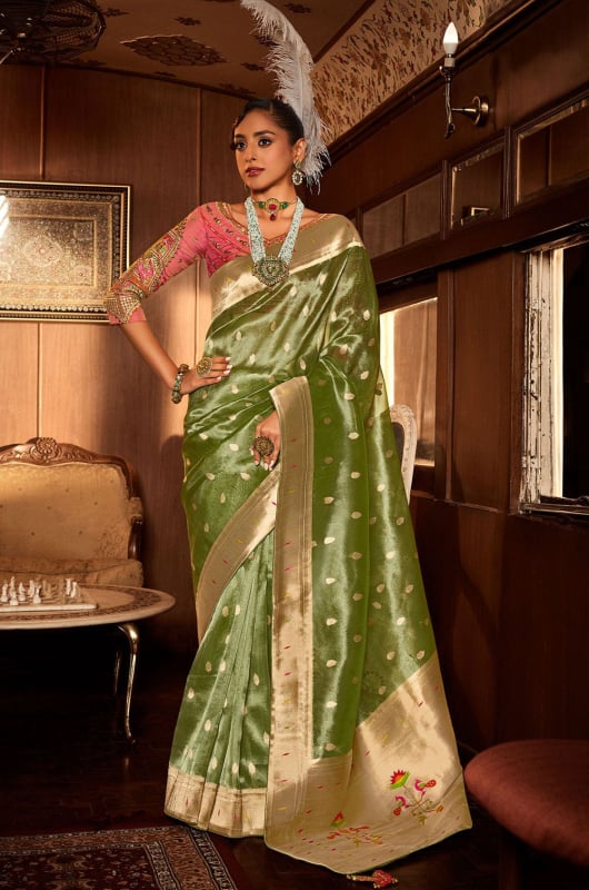 Pistachio Green Woven Tissue Paithani Silk Saree