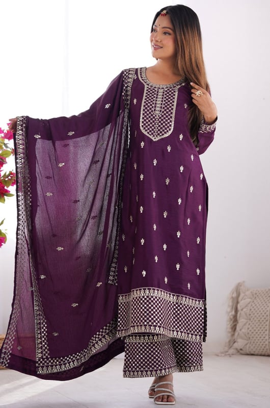 Plum Sequins Embroidered Chinnon Silk Palazzo Kameez