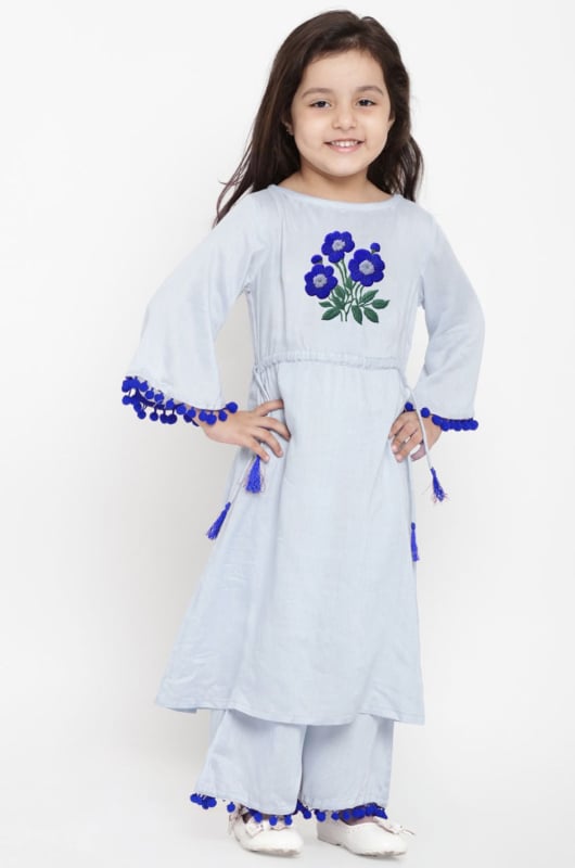Powder Blue Cotton Rayon Readymade Suit for Girls