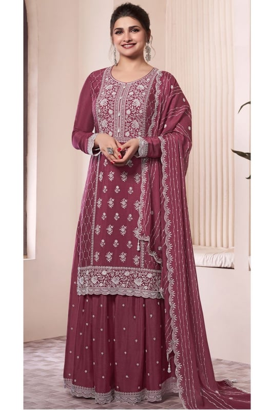 Prachi Desai Dusty Maroon Thread Embroidered Chinnon Palazzo Kameez
