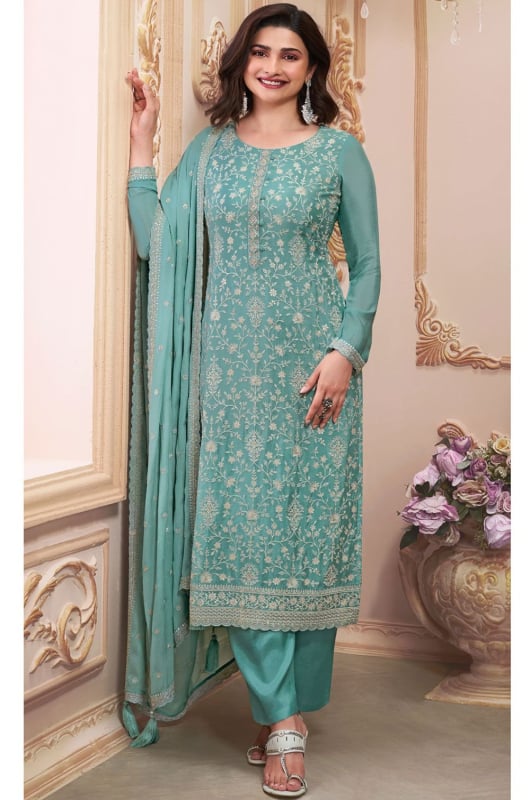 Prachi Desai Mint Blue Embroidered Chinnon Pant Kameez