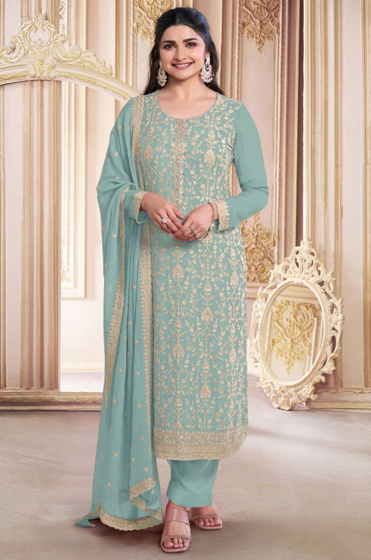 Prachi Desai Mint Blue Embroidered Faux Georgette Pant Kameez