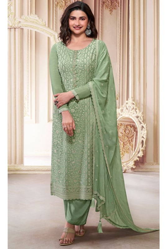 Prachi Desai Pistachio Green Embroidered Chinnon Pant Kameez