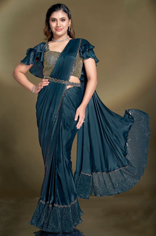 Prussian Blue Crepe Satin Silk Sequins Ready to Wear Saree