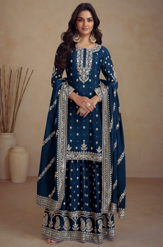 Prussian Blue Embroidered Chinnon Designer Palazzo Kameez