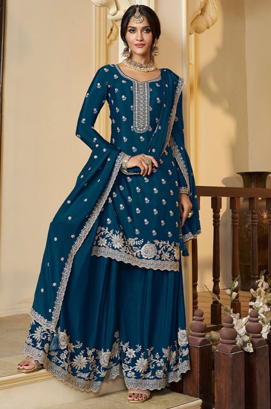 Prussian Blue Embroidered Chinnon Readymade Palazzo Kameez
