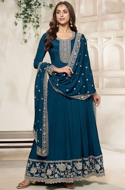 Prussian Blue Embroidered Dola Silk Anarkali Gown with Dupatta