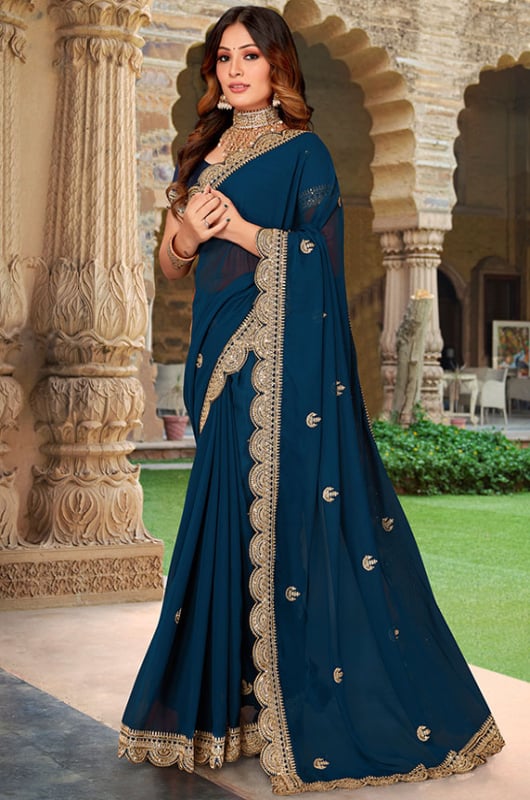 Prussian Blue Embroidered Georgette Saree