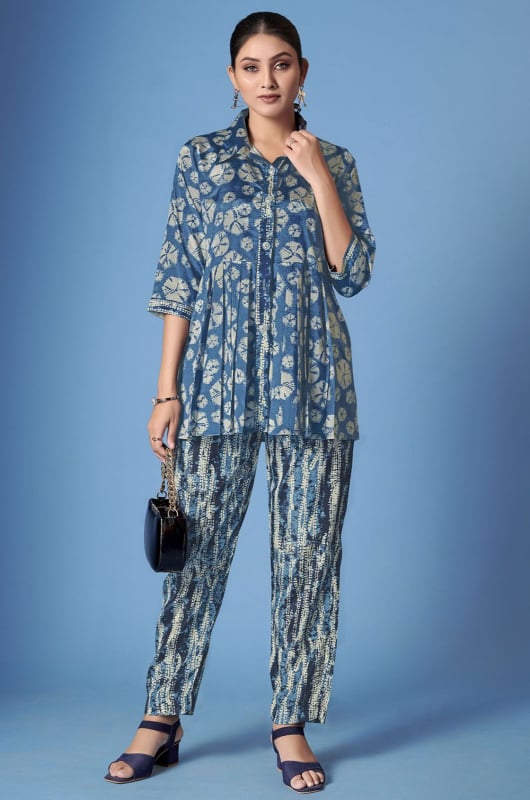 Prussian Blue Printed Crepe Silk Co-Ord Set with Scarf