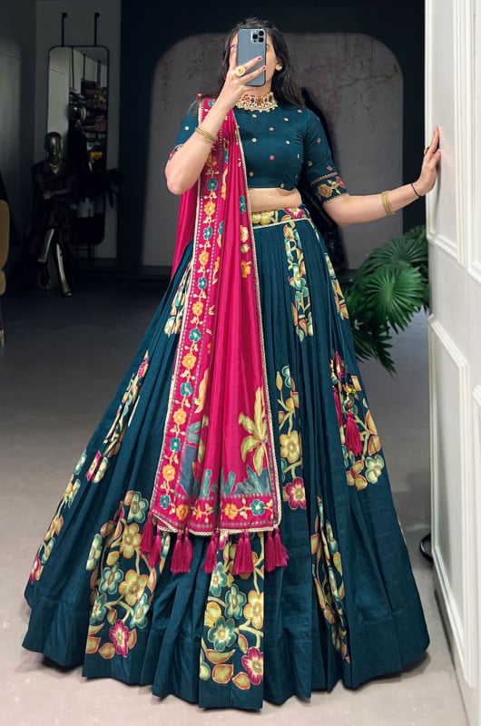 Prussian Blue Printed Tussar Silk Lehenga Choli