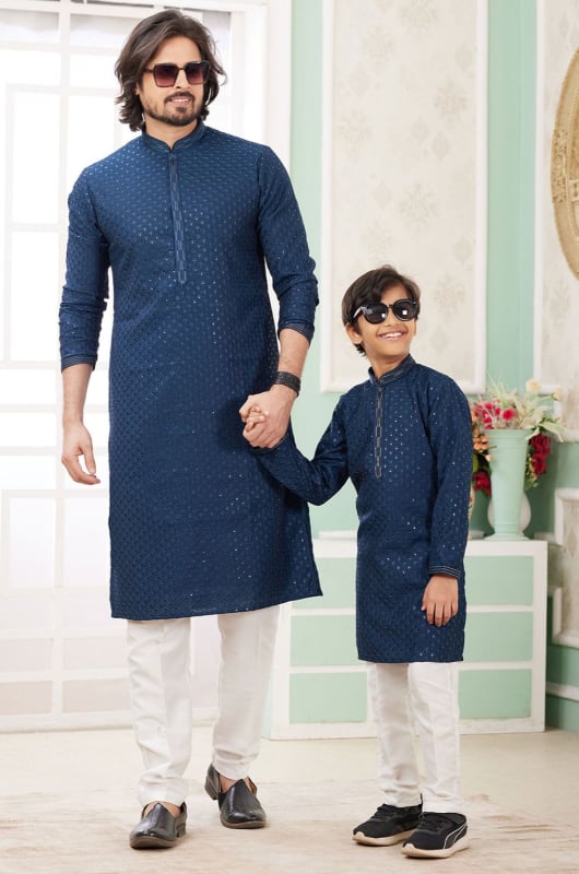 Prussian Blue Sequins Embroidered Art Silk Kurta Set Combo