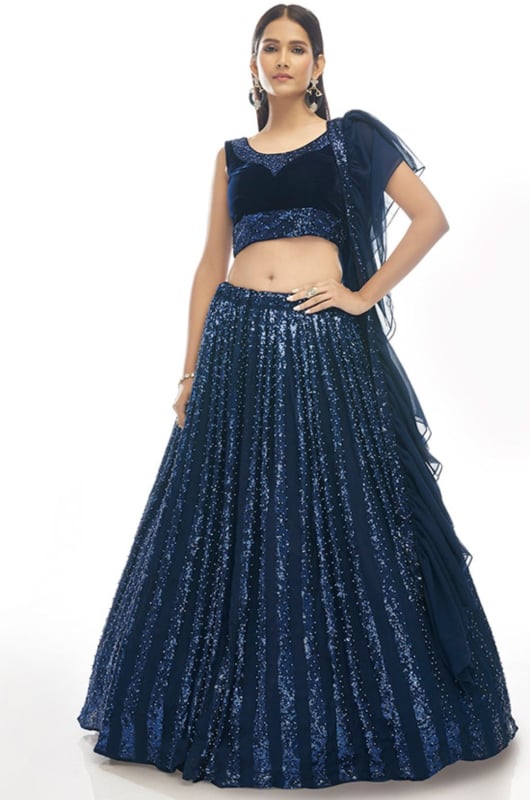 Prussian Blue Velvet Designer Lehenga Choli for Wedding