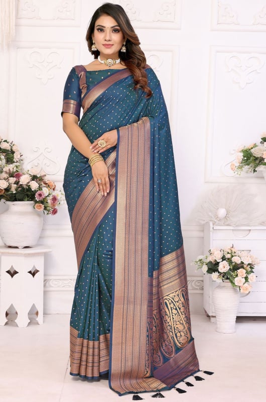 Prussian Blue Zari Weaving Soft Silk Saree