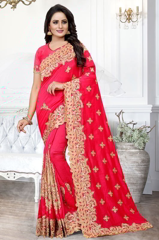 Punch Pink Heavy Embroidered Party Wear Saree