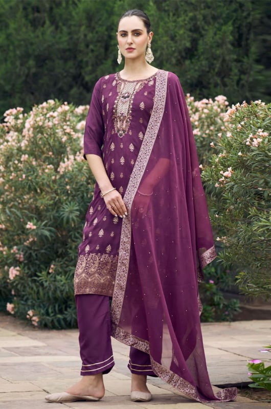 Purple Art Silk Readymade Pant Kameez Suit