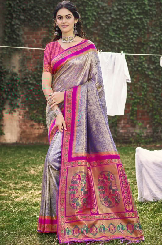 Purple Banarasi Silk Woven Work Saree