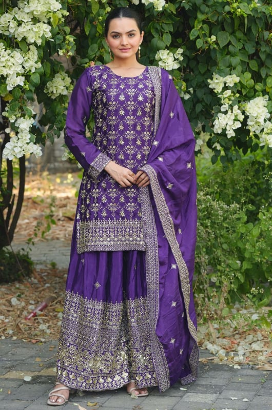 Purple Chinon Readymade Sarara Kameez Suit