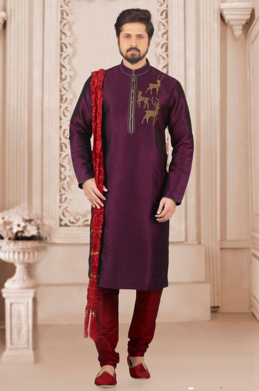 Purple Dupion Silk Mens Kurta Set for Ceremonial