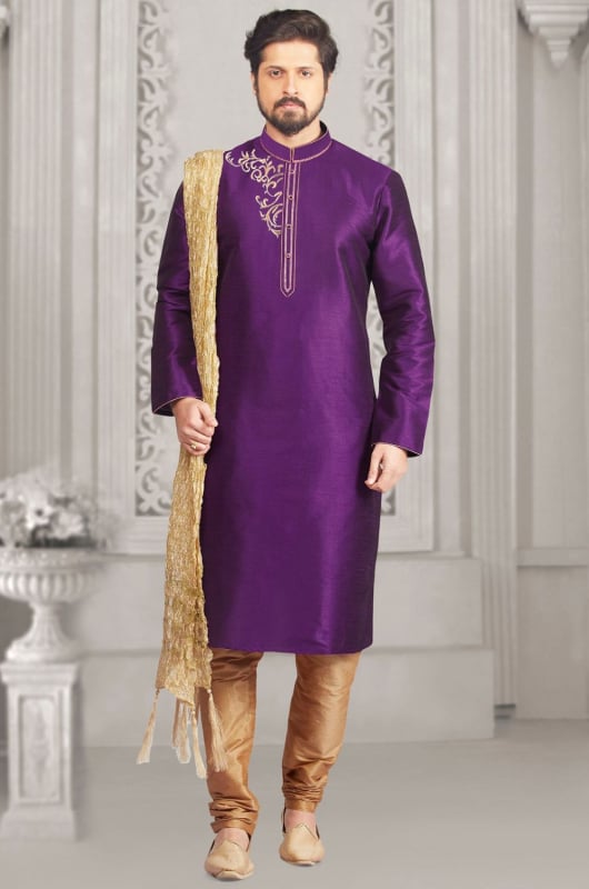 Purple Dupion Silk Mens Kurta Set for Ceremonial