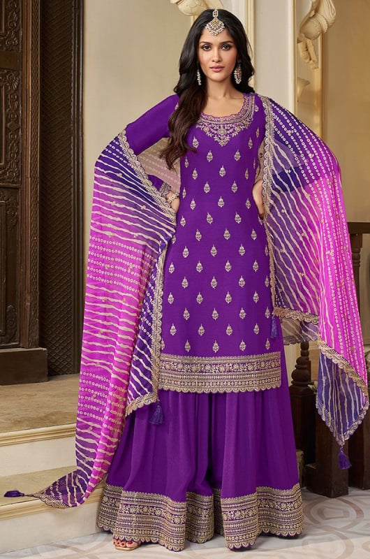 Purple Embroidered Chinnon Readymade Palazzo Kameez