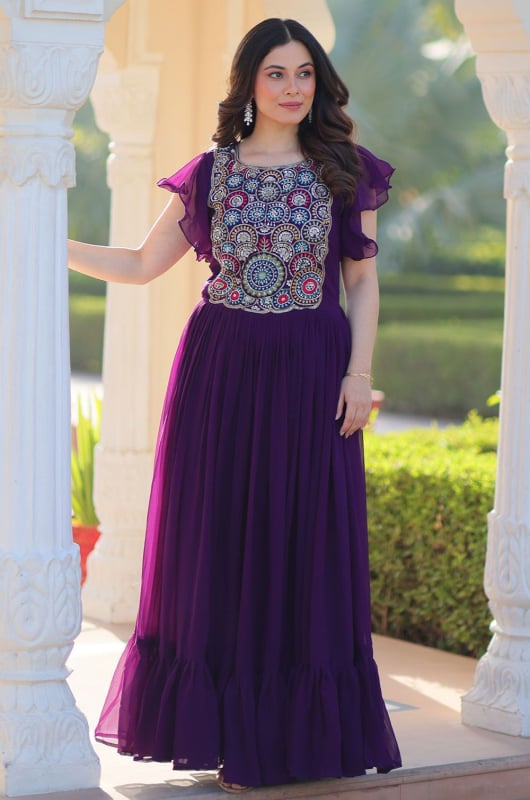 Purple Embroidered Faux Georgette Gown