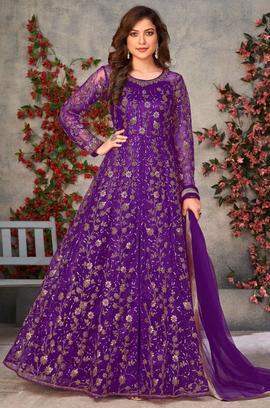 Purple Embroidered Net Pant Kameez for Ceremonial