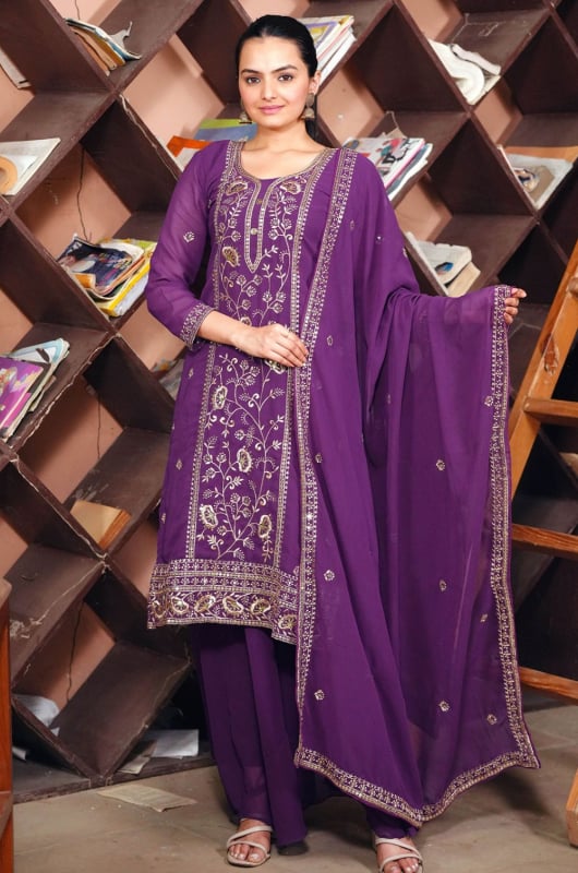 Purple Faux Georgette Readymade Sarara Kameez Suit