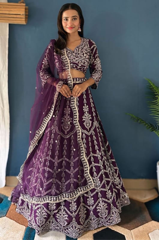 Purple Heavy Embroidered Designer Lehenga Choli Set for Ceremonial