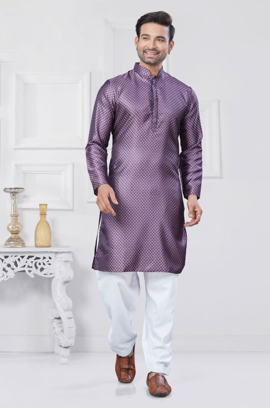 Purple Jacquard Silk Woven Kurta Set